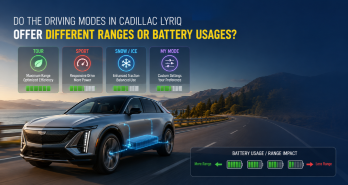 do the driving modes in cadillac lyriq offer different ranges or battery usages?