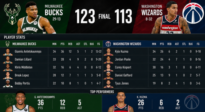 milwaukee bucks vs washington wizards match player stats